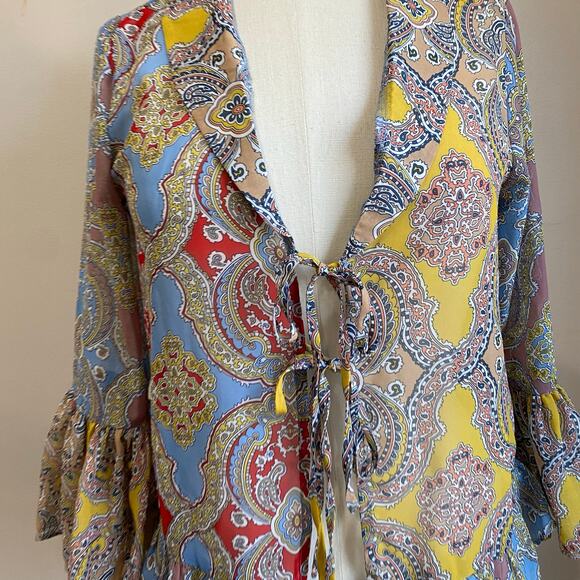 CATO Paisely Front Tie Causal Boho Flare Sleeve Blouse Size XS NWT - Picture 10 of 10